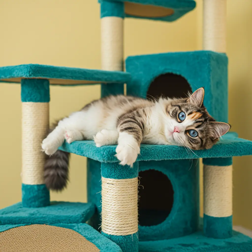 반려동물인 고양이가 캣타워에 누워있는 모습