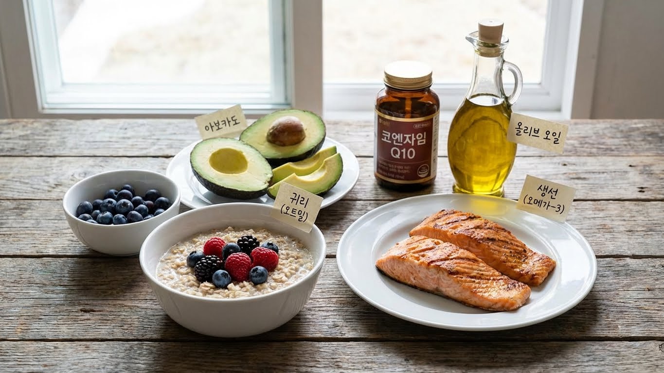 아보카도, 귀리, 생선(오메가3), 올리브 오일 등 콜레스테롤 개선 식재료들 사진