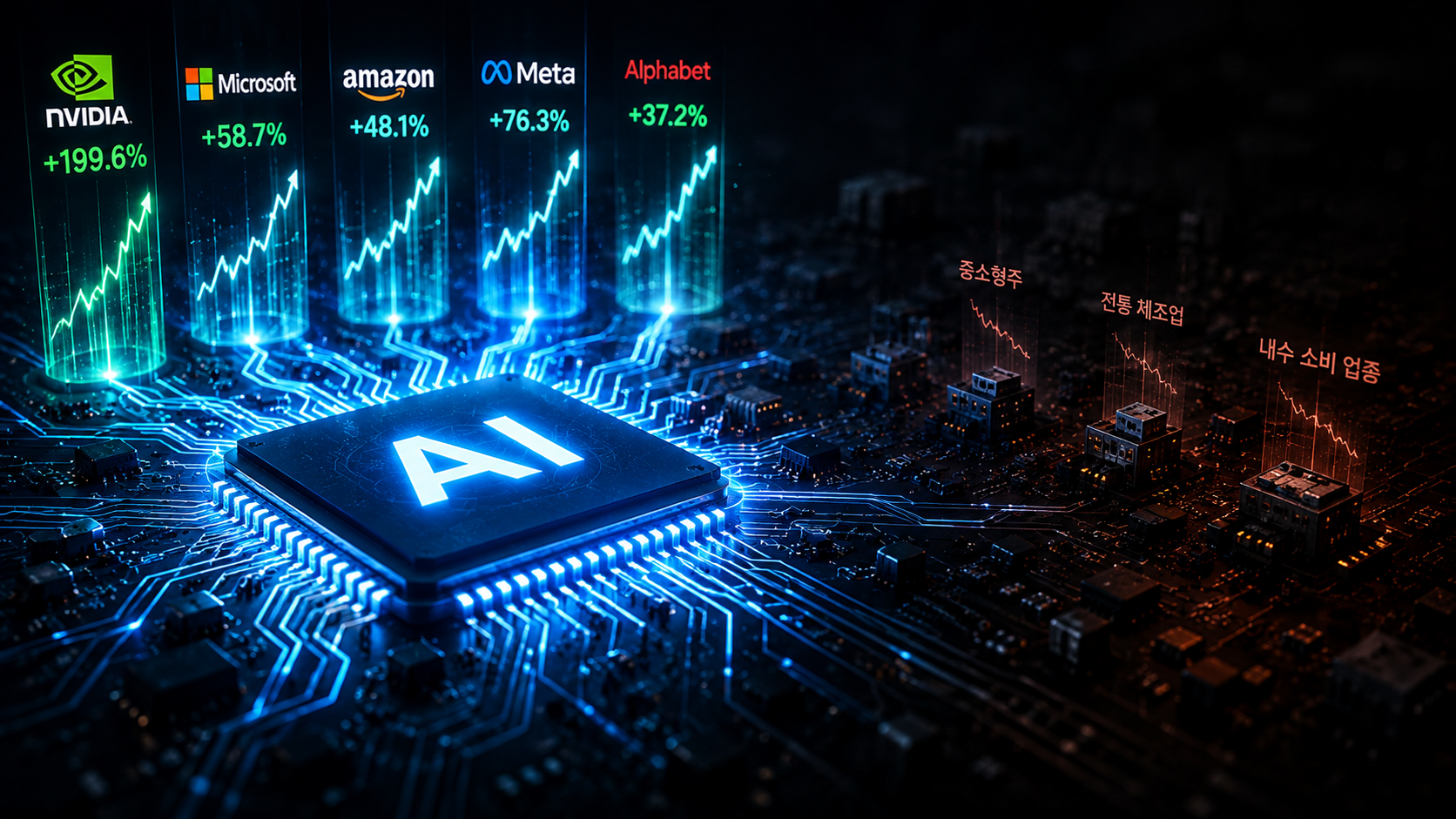 &ldquo;Close-up futuristic AI semiconductor chip with rising tech giants and declining traditional sectors in the background.&rdquo;