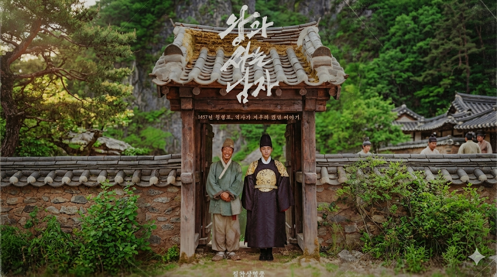 한옥 기와 대문 아래 나란히 서 있는 두 인물의 모습을 담은 영화 '왕과 사는 남자' 포스터.