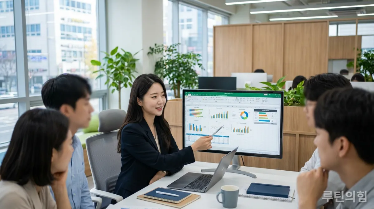 엑셀 보고서를 자신감 있게 발표하는 한국인 여성 직장인