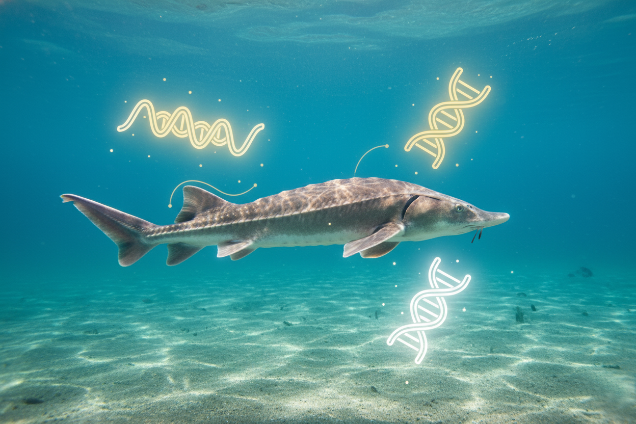 푸른 바다 속을 유영하는 철갑상어 실루엣과 함께 단백질&middot;콜라겐 분자를 아이콘으로 표현한 이미지, 보양&middot;고급스러운 느낌의 원료 중심 연출.