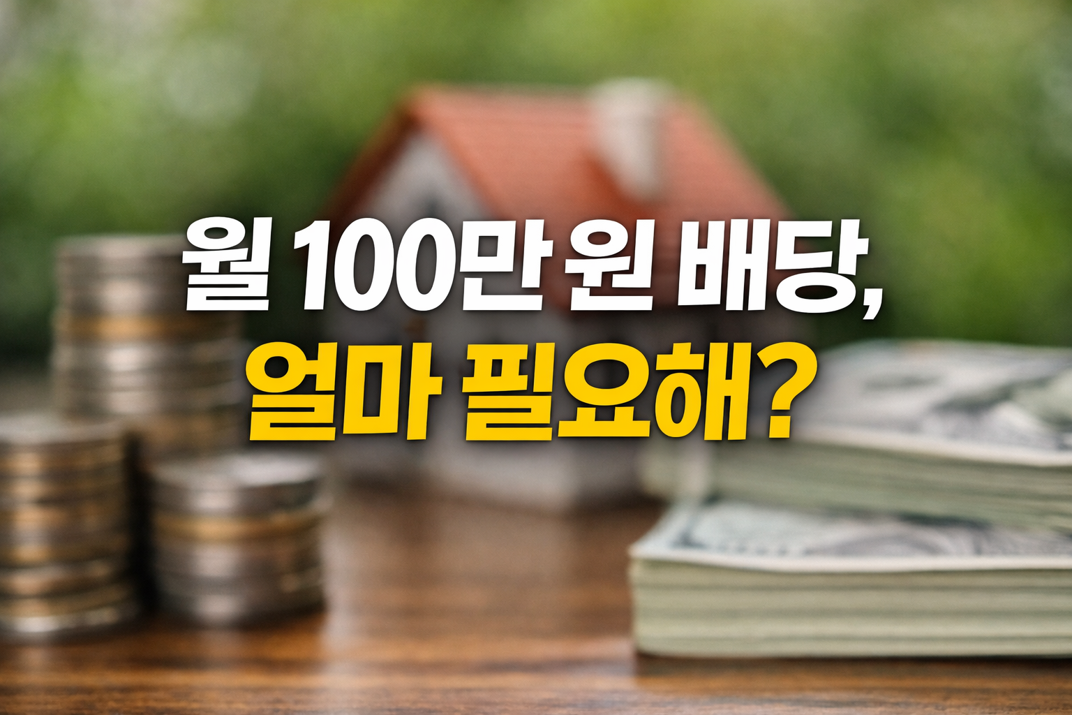 월 100만 원 배당 얼마 필요해 텍스트가 중앙에 크게 배치된 썸네일, 동전과 현금이 아웃포커스로 흐리게 보이는 배경 이미지