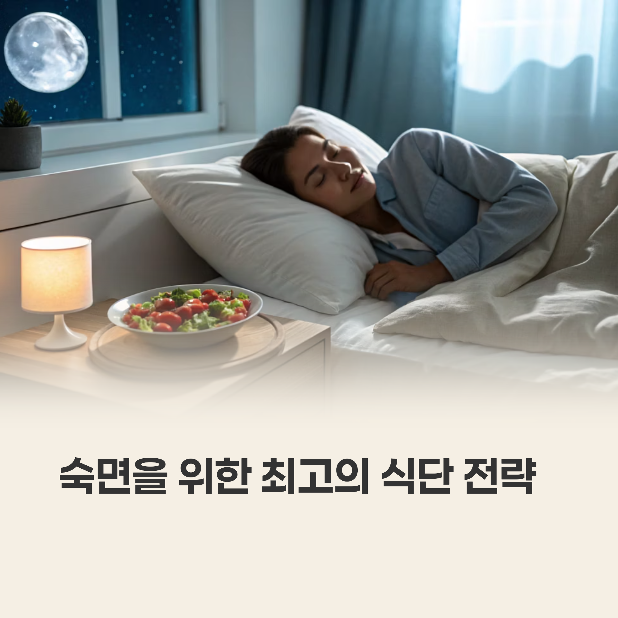 창문 너머 달빛이 비치는 밤, 침대에 누운 여성이 숙면 중이며, 침대 옆 탁자 위에 샐러드가 놓여 있는 모습