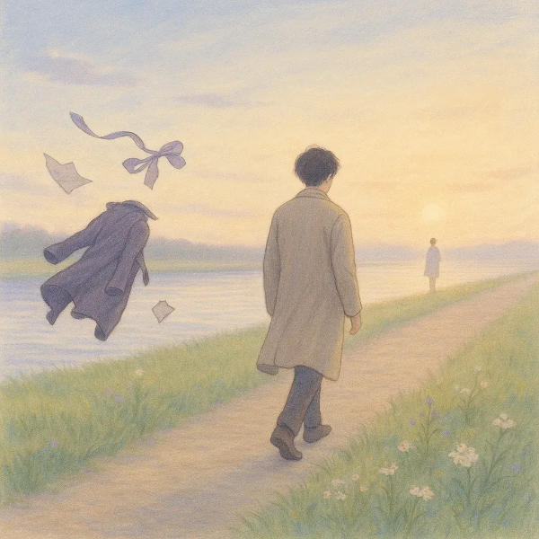 해 질 무렵 강가 길을 따라 걸어가는 남성과 멀어지는 인물의 실루엣. 이별과 내면의 전환을 암시하는 감성 일러스트