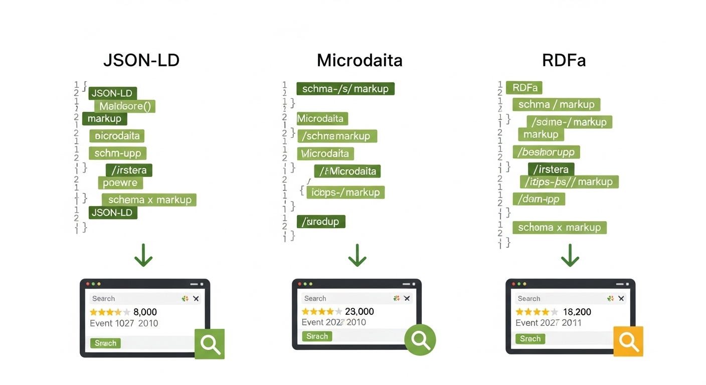 세 가지 스키마 마크업 구성 방식의 특징과 차이점을 보여주는 비교 차트