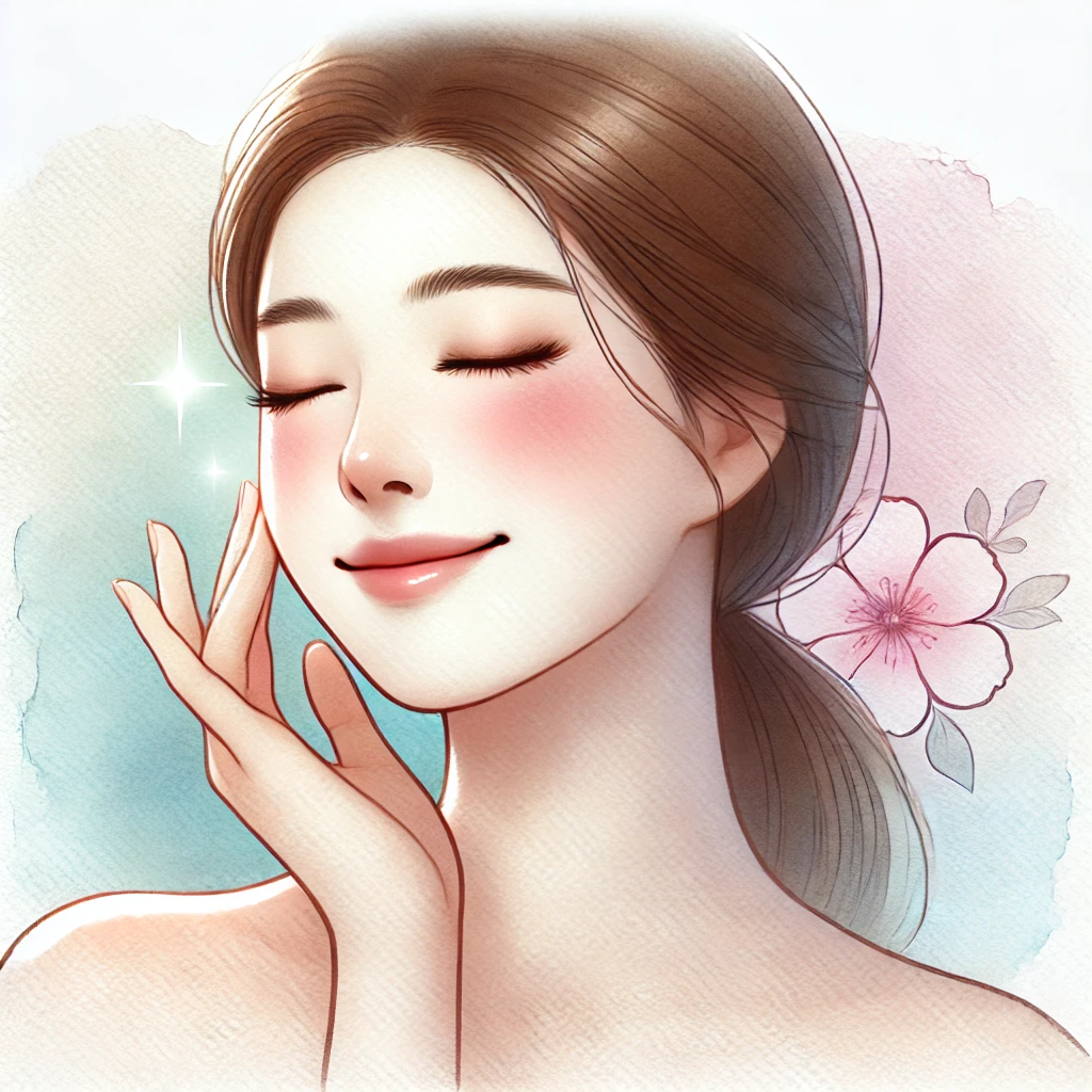 맑고 탄력 있는 피부를 가진 여성의 얼굴 터치 장면