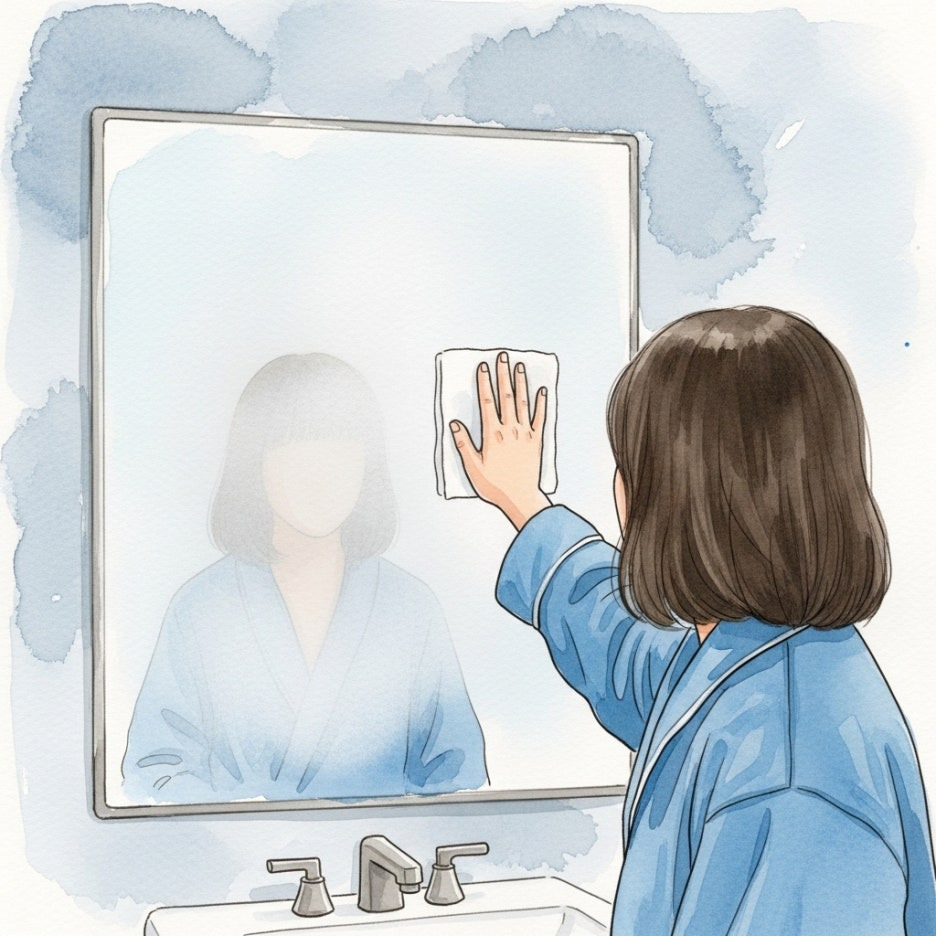 안개 낀 거울을 닦아내는 인물의 모습