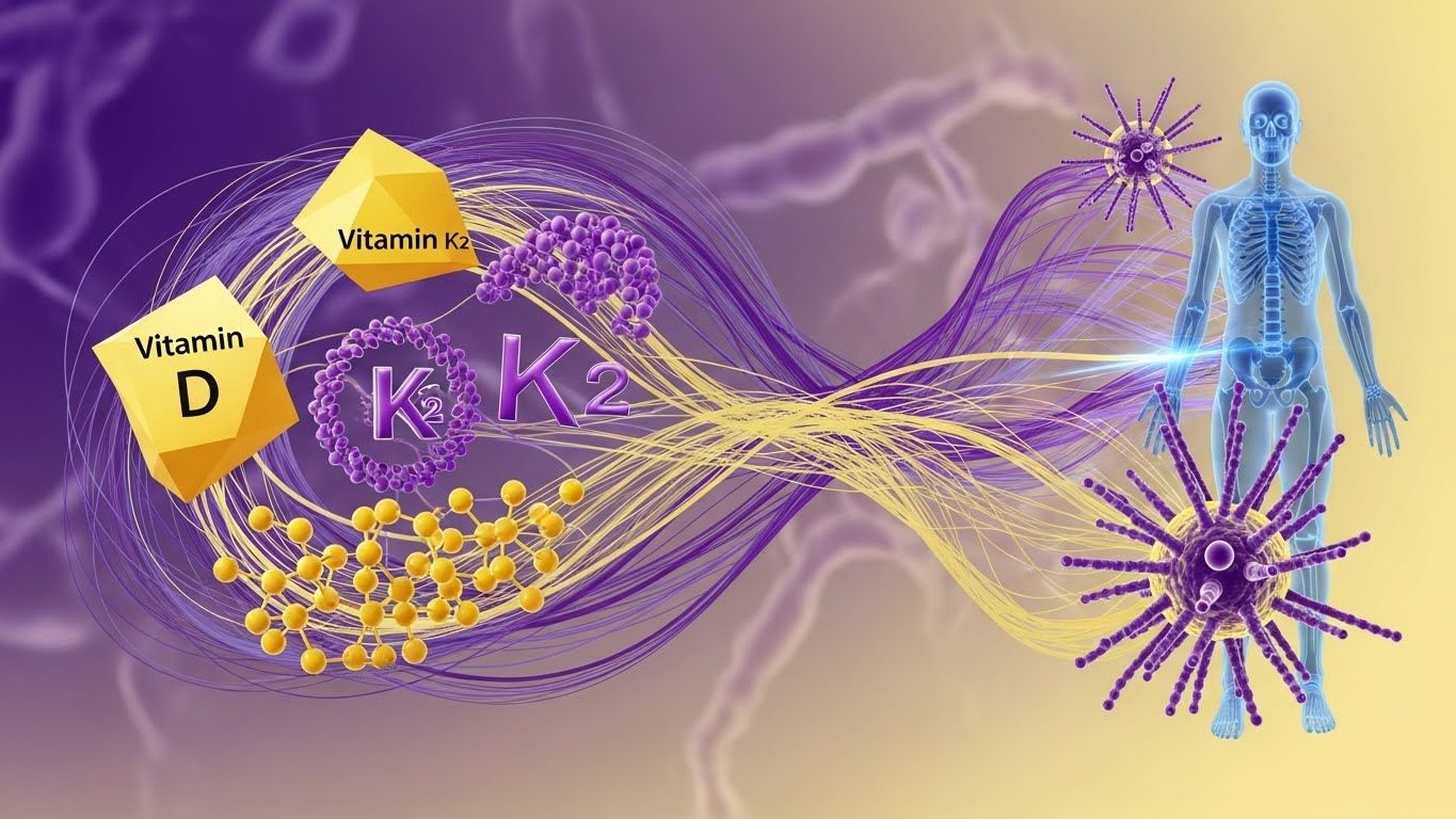 다양한 영양소 분자(예: 비타민 D, K2, 마그네슘)가 상호 작용하고 함께 흐르면서 단순화된 인간 골격계와 면역 세포를 향해 흐르는 예술적 표현으로 시너지와 활성화를 보여줍니다.