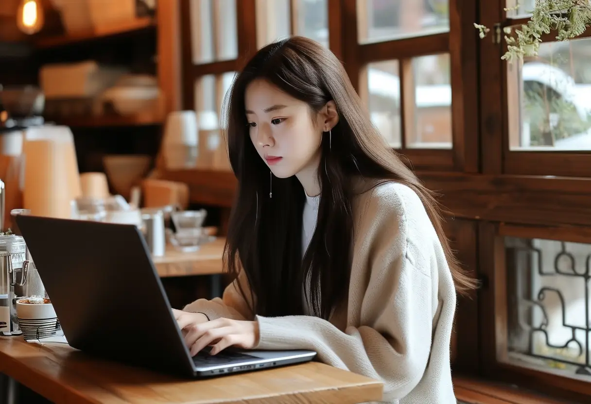 카페에서 노트북으로 일하는 여성