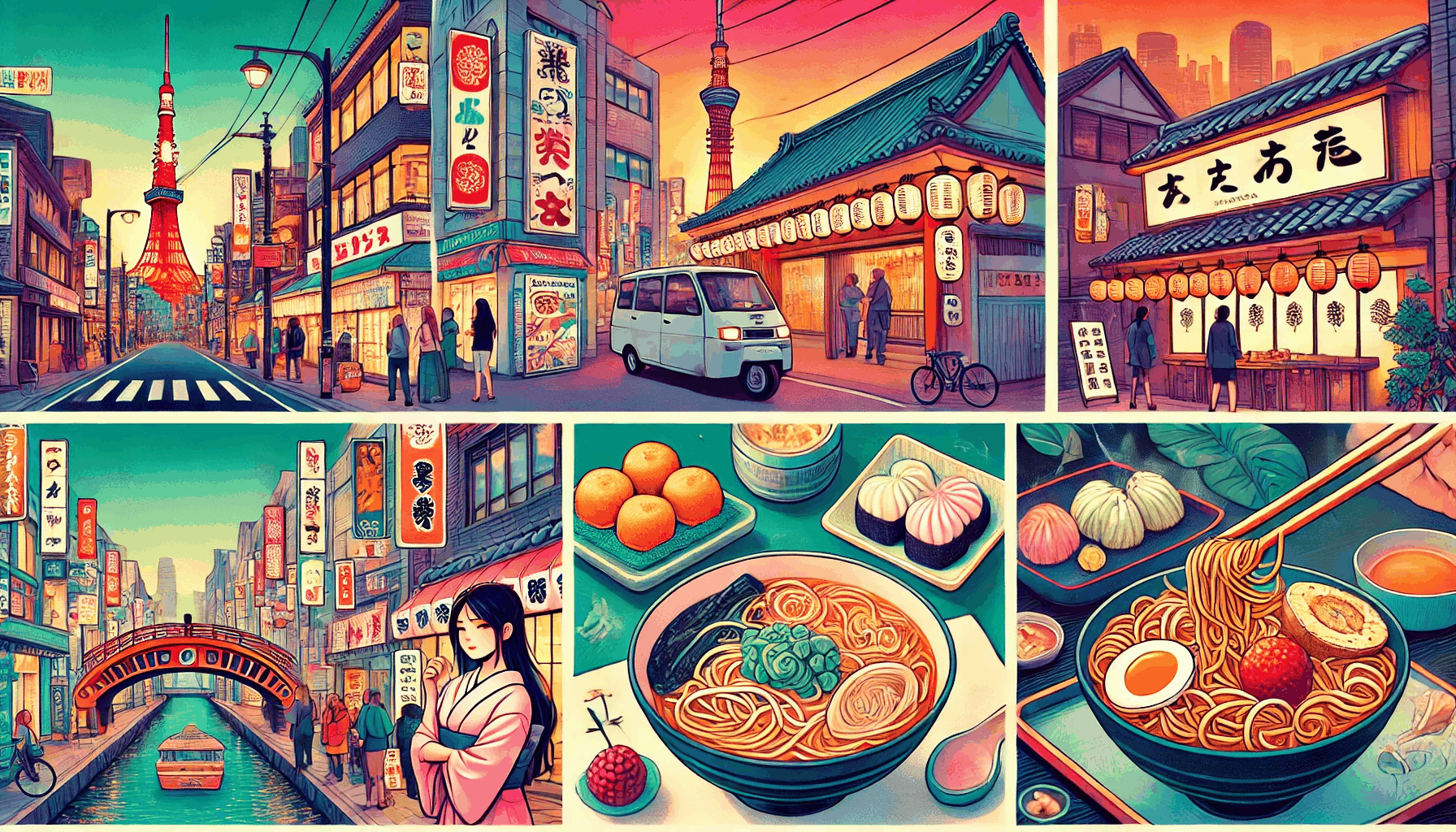 일본의 다양한 식당을 묘사한 이미지