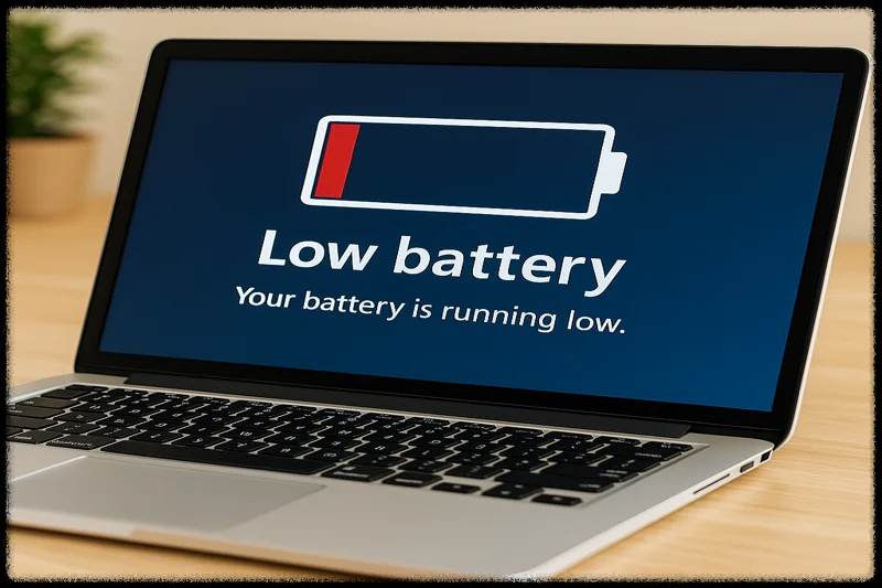 배터리 부족 경고가 표시된 노트북 화면