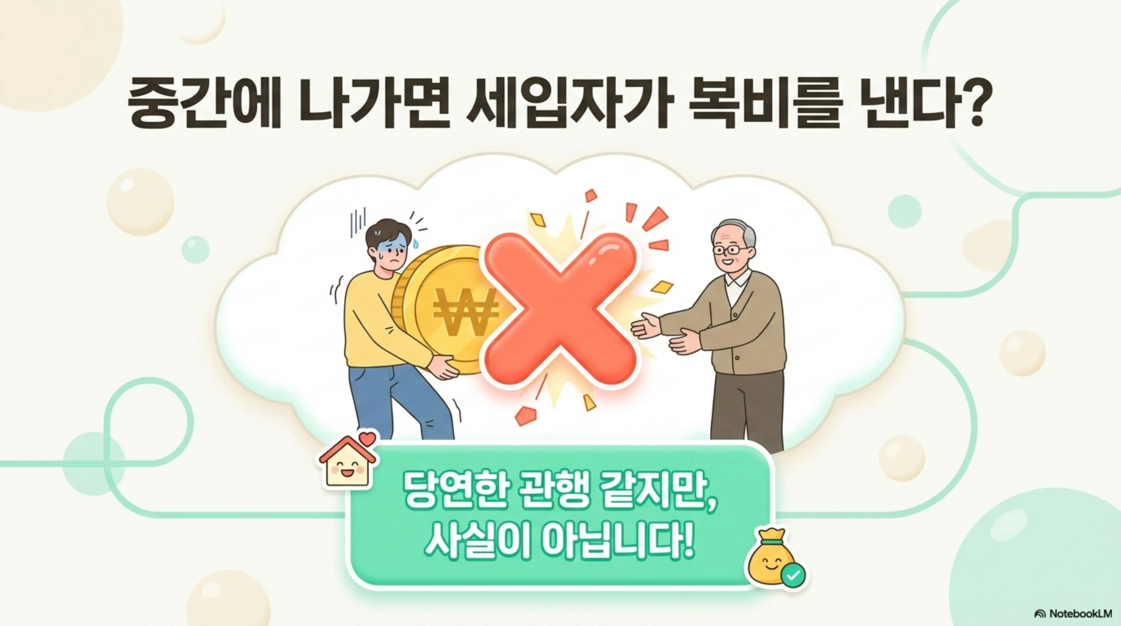 전월세 계약 중도해지 복비: 중간에 나가면 세입자가 복비를 낸다는 관행이 당연한 것 같지만 사실이 아니라는 내용을 전달하는 인포그래픽 이미지. 세입자가 큰 동전을 들고 있고 집주인이 받으려는 장면에 X 표시가 되어 있으며, 전월세 중도해지 복비 부담의 관행과 법적 사실의 차이를 설명함