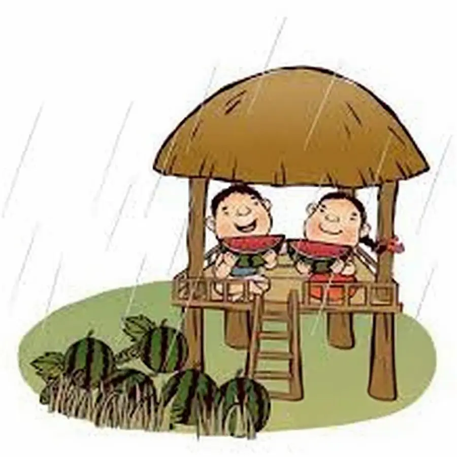원두막에서 수박을 먹으며 더위를 피하는 삽화