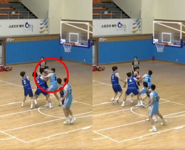 삼일중의 한 선수가 용산중의 선수를 가격했다.