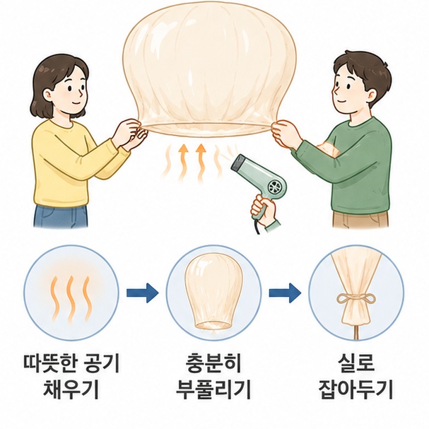 봉투 입구에서 거리를 두고 헤어드라이어로 따뜻한 공기를 채운 뒤 실로 잡아 상승을 관찰하는 과정