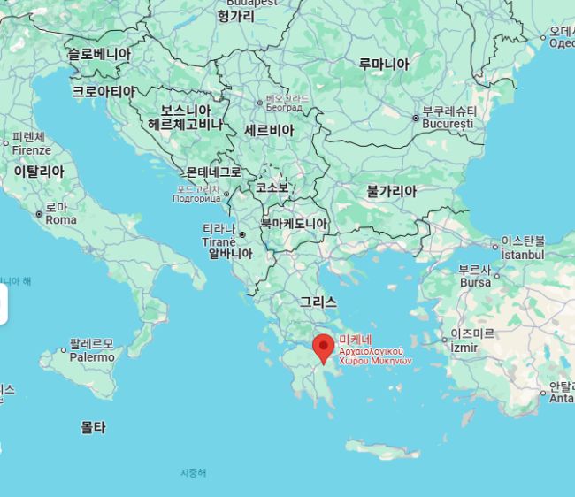 유럽 남동부와 그리스, 터키 일부를 포함하는 지도에서 그리스 펠로폰네소스 반도 북동부에 미케네 유적지가 표시되어 있다.