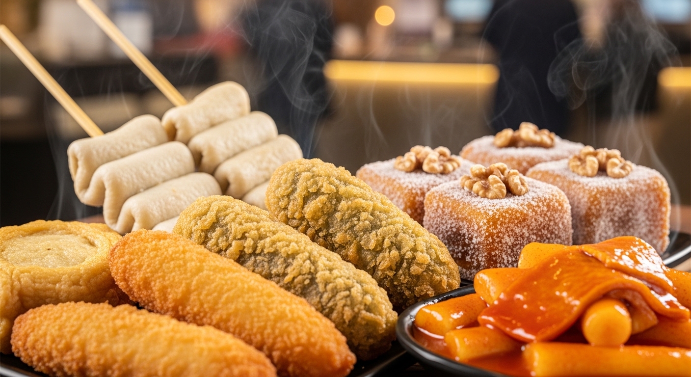 다양한 종류의 먹음직스러운 한국 고속도로 휴게소 음식들이 푸짐하게 차려진 모습