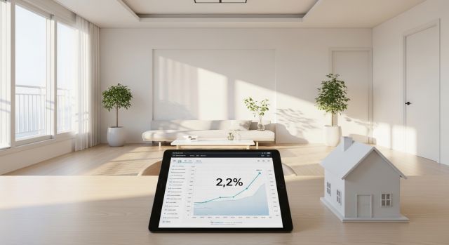 2026년 저금리 주택담보대출 혜택을 상징하는 거실 풍경과 디지털 금리 차트