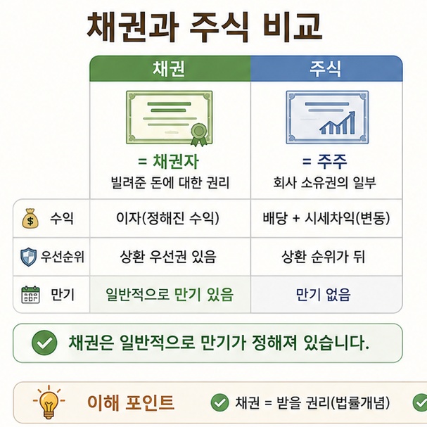 채권 투자자는 채권자이고 주식 투자자는 주주라는 점과 채권과 주식의 기본적인 차이를 비교한 이미지