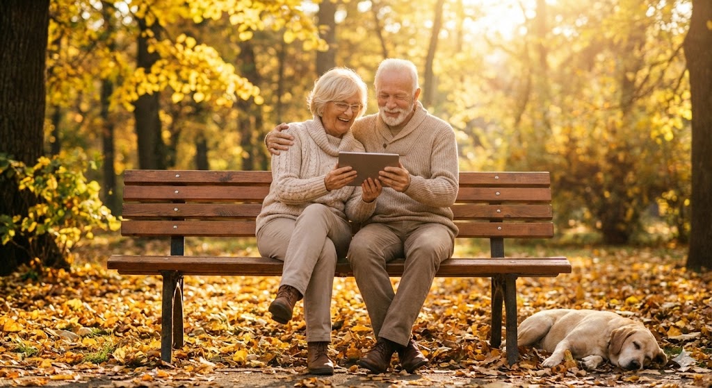 평화로운 공원 벤치에서 배당금 알림을 보며 웃고 있는 은퇴 부부의 모습