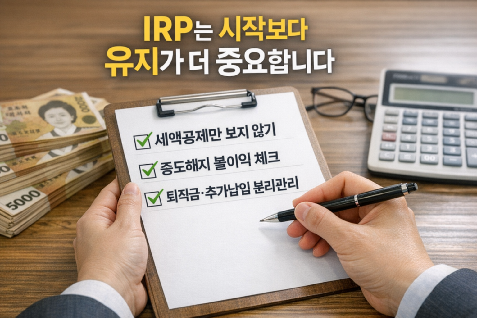 IRP 계좌를 활용할 때 세액공제만 보지 않고 중도해지 불이익과 퇴직금, 추가납입금 분리관리를 함께 확인해야 한다는 내용을 보여주는 체크리스트 이미지