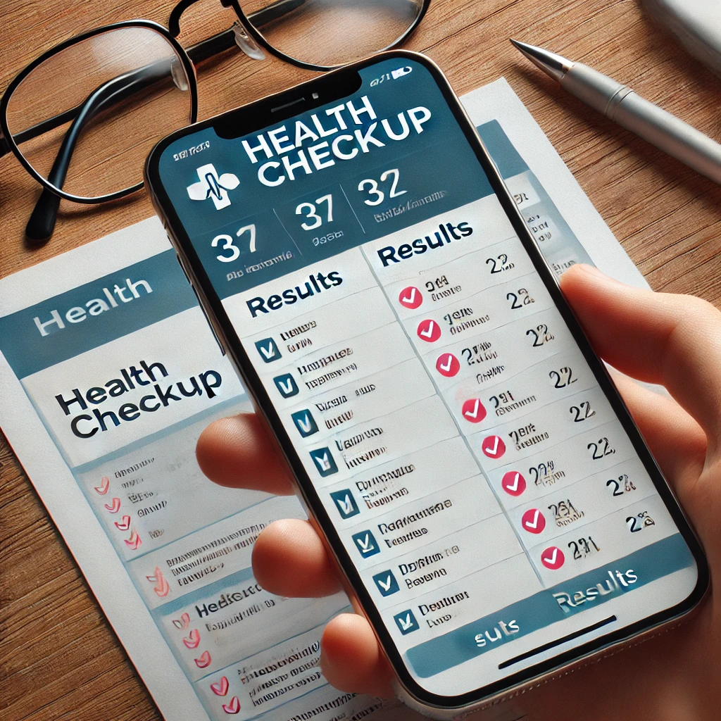스마트폰 화면에 건강검진 결과가 표시된 모습. 결과가 깔끔한 레이아웃으로 나열되어 있으며&amp;#44; 나무 책상 위에 안경과 의료 문서가 놓인 배경이 접근성과 명확성을 강조함
