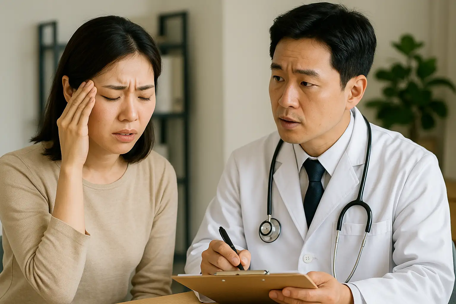 환자가 어지럼증 증상을 설명하고 의사가 청진기와 차트를 보며 상담하는 모습