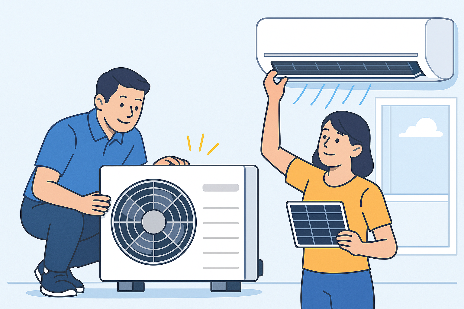 삼성 에어컨 실외기와 실내기 필터 점검을 시작하는 장면