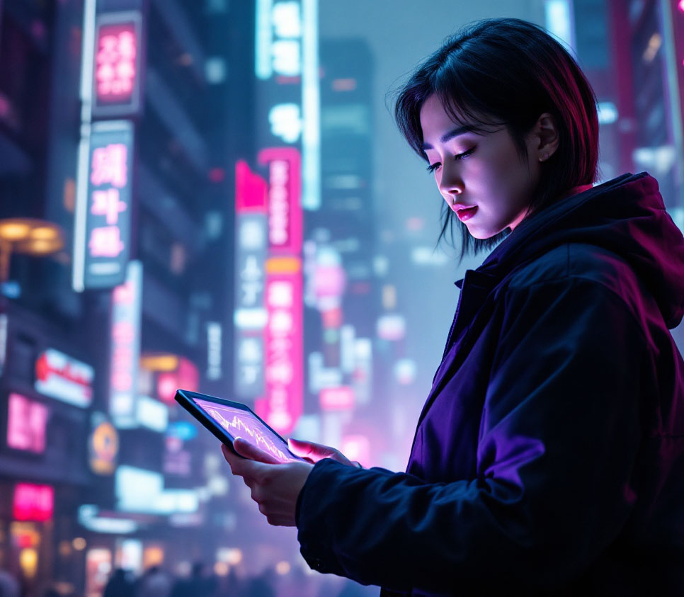 테블릿으로 금융지표 그래프를 들고 보고 있는 여성