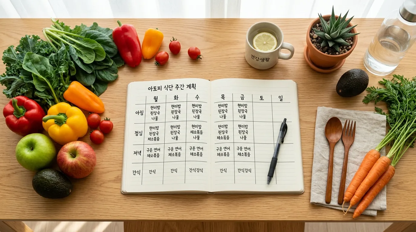 노트북 위에 일주일 식단표가 적혀 있고 옆에 채소가 놓인 모습