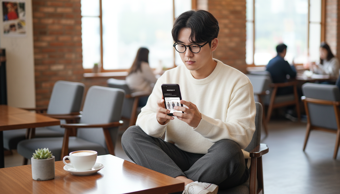 카카오톡 무신사 AI 패션 추천 앱으로 재택근무룩을 고르는 젊은 한국 남성, 일상 속 AI 활용 모습을 보여줌.