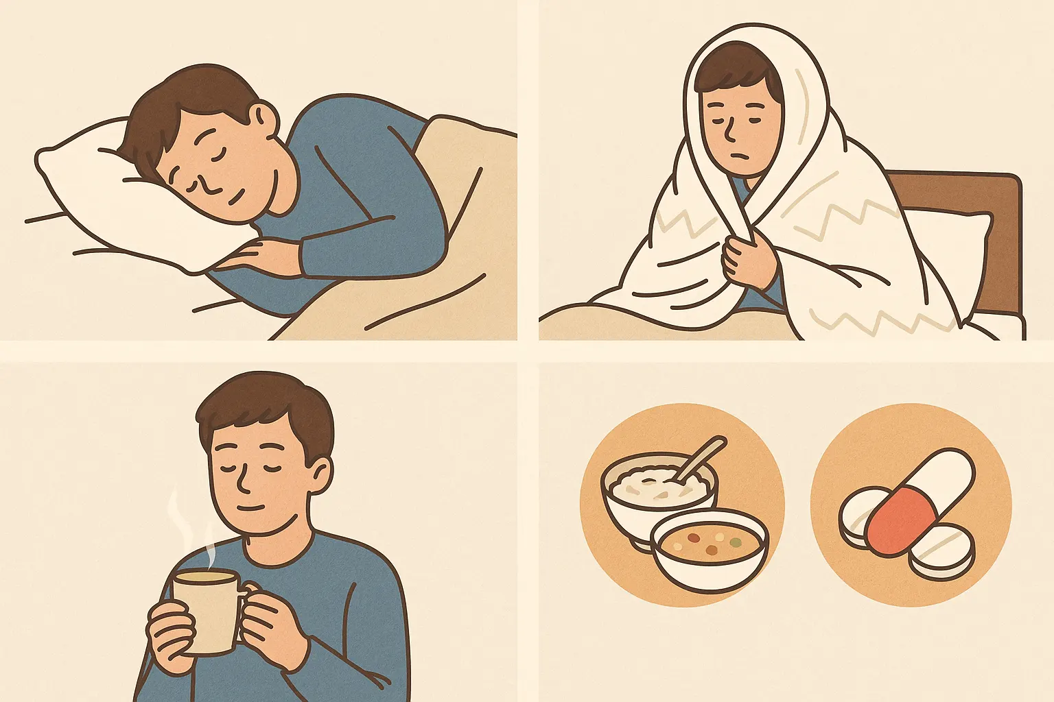 몸살 대처법픽 — 푹 쉬는 사람, 따뜻하게 이불 덮기, 수분 보충(따뜻한 차), 죽과 수프, 약 아이콘