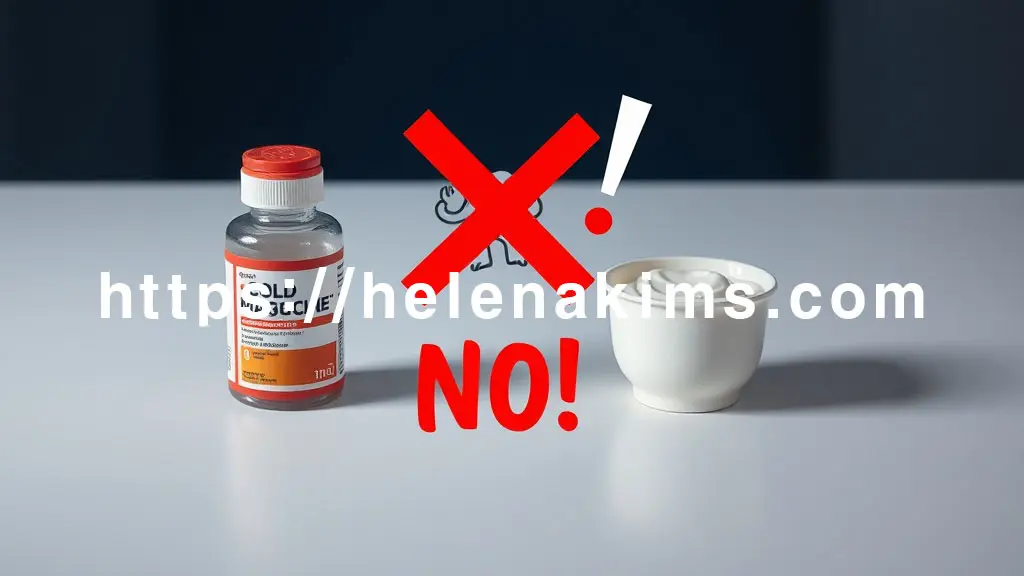 깔끔한 테이블 위에 감기약 병(또는 알약)과 플레인 요거트 컵이 적당한 간격을 두고 놓여 있다. 두 사물 사이의 중앙에는 큼직하고 선명한 붉은색 'X' 표시 또는 강렬한 경고 느낌표('!')와 '함께 NO!' 문구가 배치되어 있다.