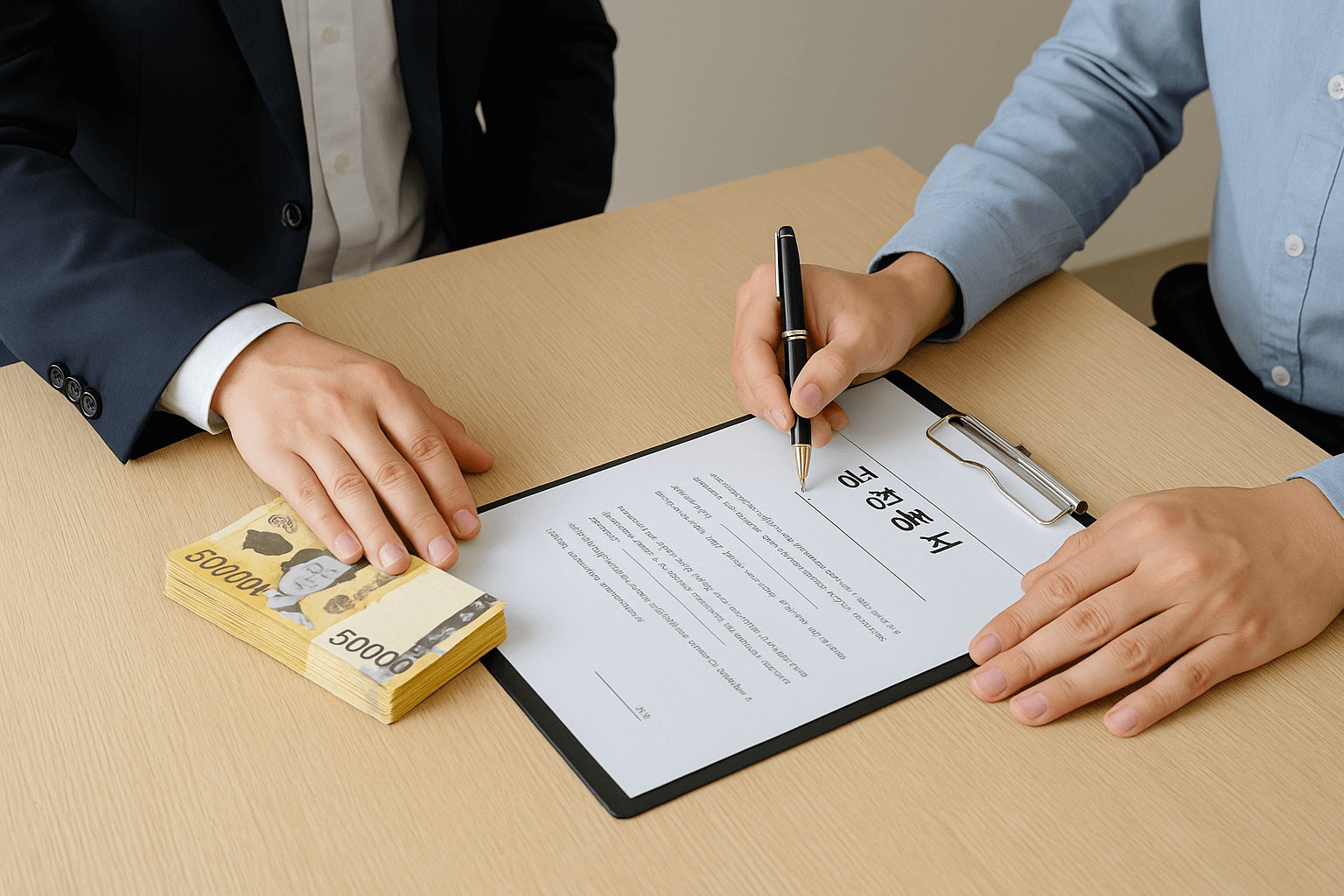 테이블 위에 한국 5만 원권 지폐 뭉치와 공정증서 서류가 놓여 있고, 한 사람이 돈 위에 손을 올리고 다른 사람이 서류에 서명하는 장면. 얼굴은 보이지 않으며, 실제 공증 상황을 연상