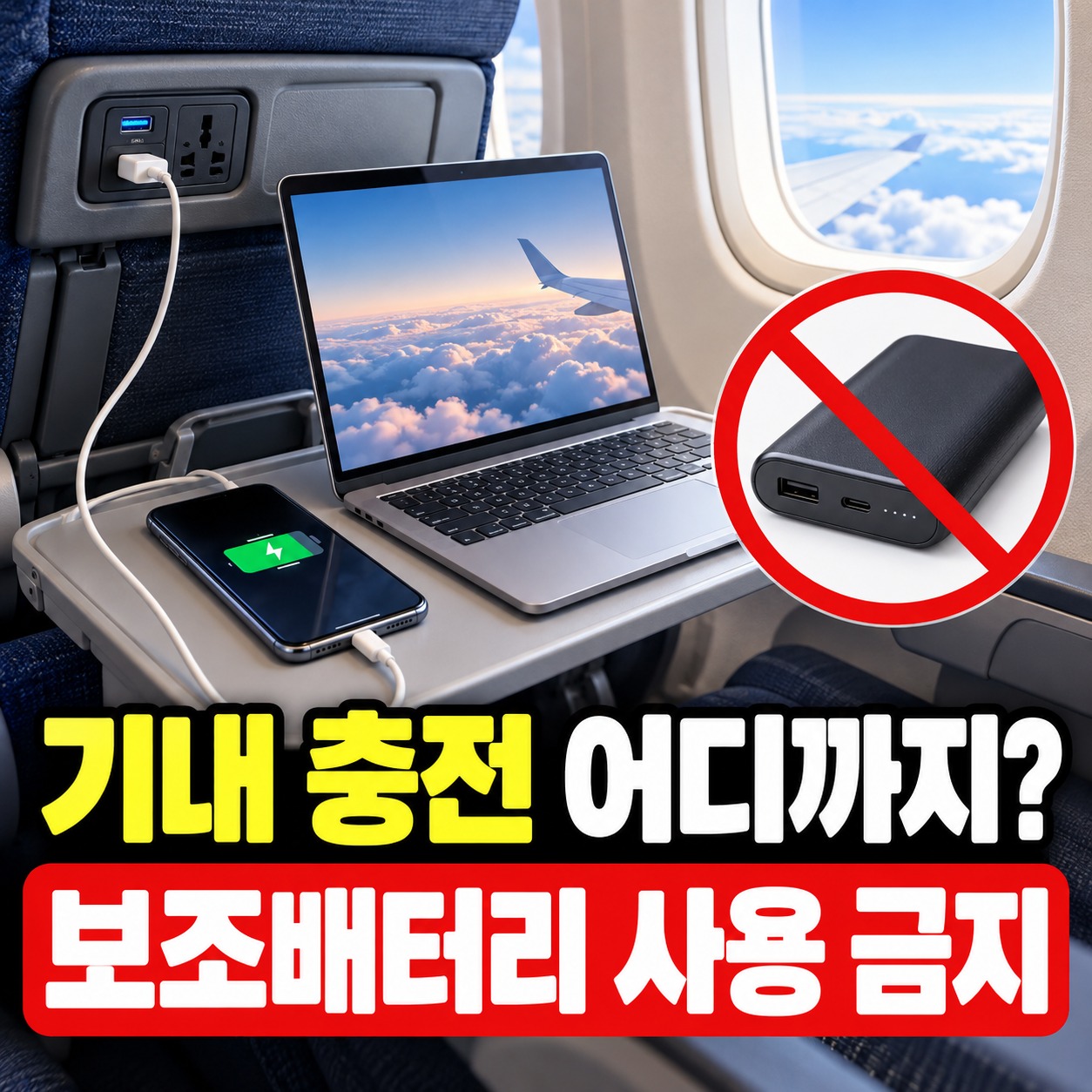 항공기 좌석 전원으로 휴대폰과 노트북을 충전하고 보조배터리 사용 금지를 보여주는 장면
