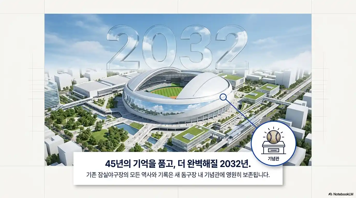 2032년 완공 예정인 잠실 신축 돔구장 조감도와 복합 스포츠·문화시설 개발 계획 이미지