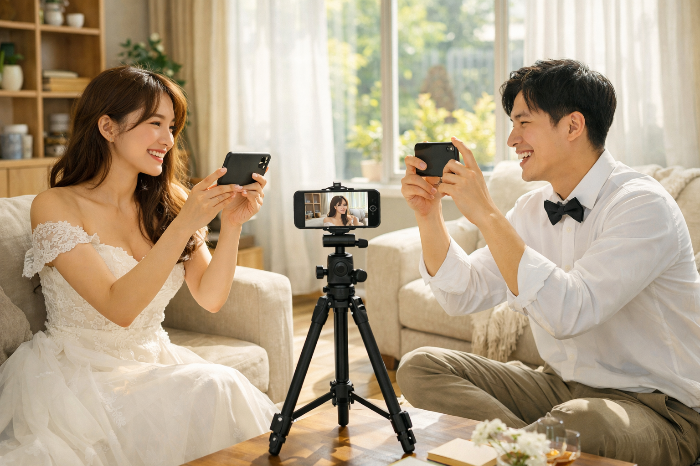 스튜디오 촬영 대신 직접 촬영을 진행하는 셀프 웨딩 현장.