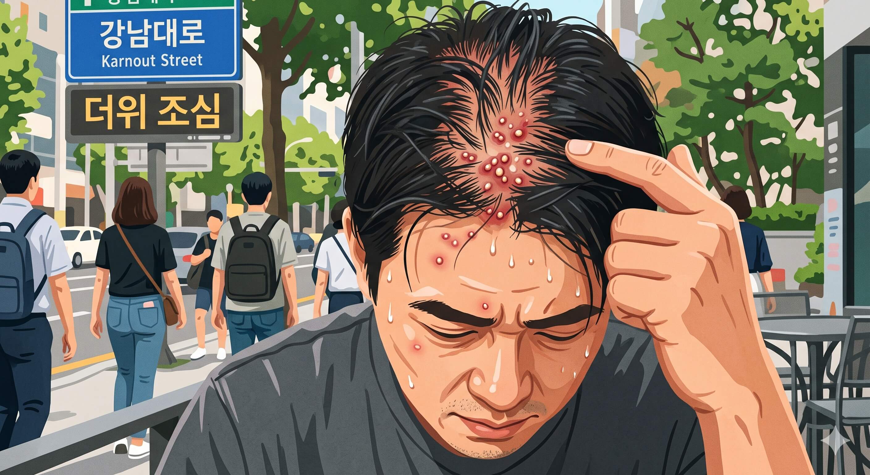 두피에 땀이 나고 뾰루지가 나서 힘들어하는 남자