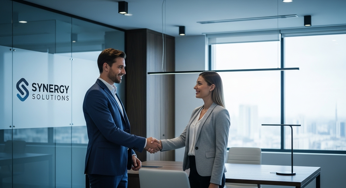 깔끔한 사무실에서 면접관과 악수하며 재취업에 성공하는 직장인의 모습. 안정적인 직장 생활을 상징합니다.