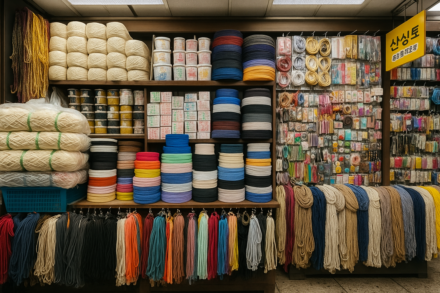 서울 동대문 종합시장 의류 부자재 가게 , 여러 종류의 실과 부자재 물품들