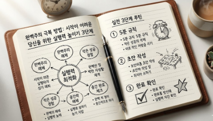 완벽주의 극복 방법과 실행력 높이는 방법을 위해 자가 진단 테스트와 '5분 지연', '가치 기록' 전략을 도표로 정리한 집중 노트와 아날로그 시계 사진