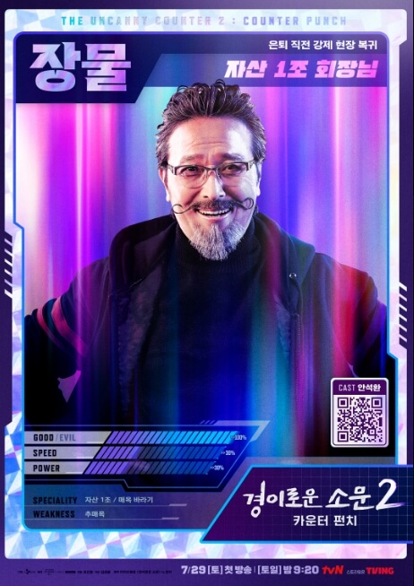 경이로운 소문 시즌2에서 ‘회장님’ 역할의 장물(안석환) 캐릭터 능력 카드형 포스터