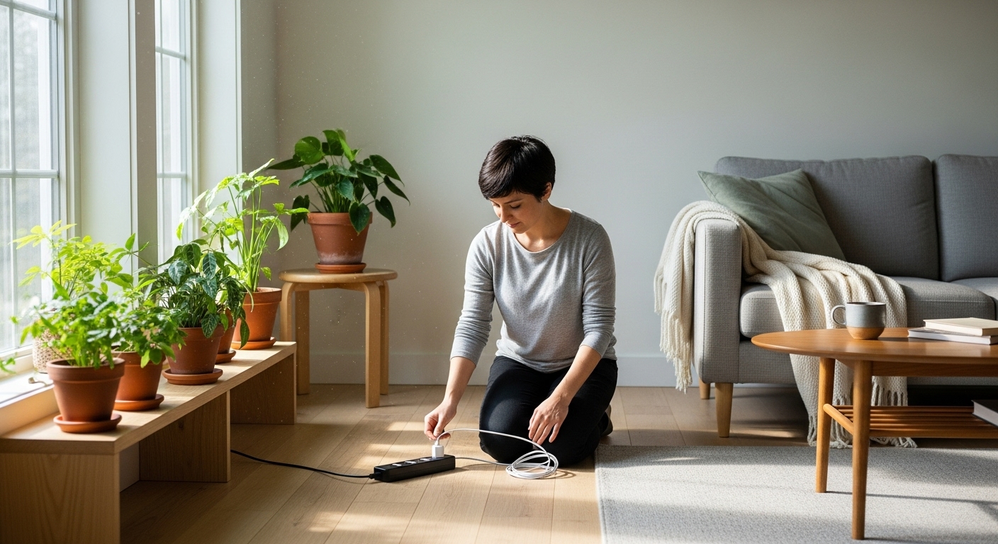 사용하지 않는 전자기기 플러그를 뽑아 대기전력을 절약하는 모습.