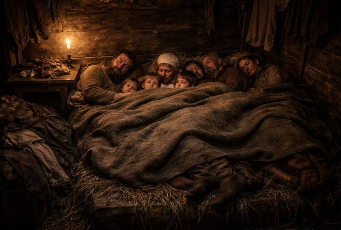 좁은 침대에서 여러 가족이 함께 잠을 자는 중세 농가의 실내 모습