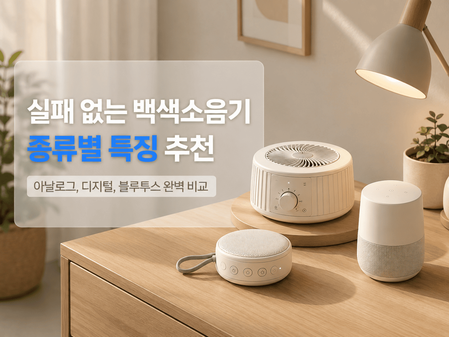 침실 협탁 위에 놓인 모던한 디자인의 가정용 백색소음기 종류별 비교 일러스트
