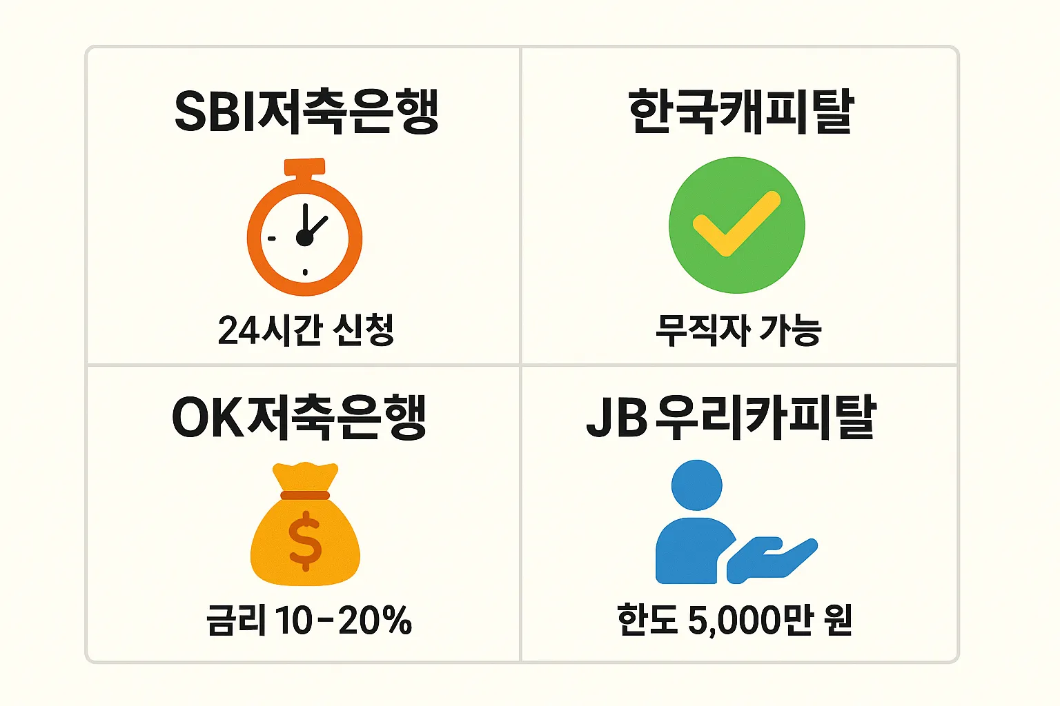 SBI저축은행, 한국캐피탈, OK저축은행, JB우리캐피탈 등 무직자도 신청 가능한 2025년 캐피탈 및 저축은행 대출 정보를 정리한 인포그래픽. 금리, 한도, 신청 가능 조건을 한눈에 볼 수 있습니다.