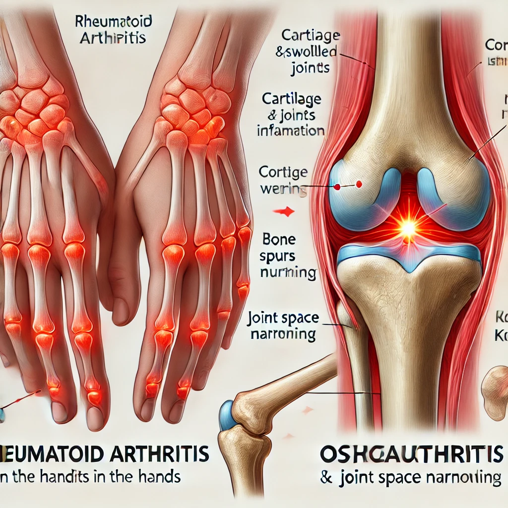 손에 있는 류마티스 관절염과 무릎에 있는 퇴행성 관절염을 표현한 이미지