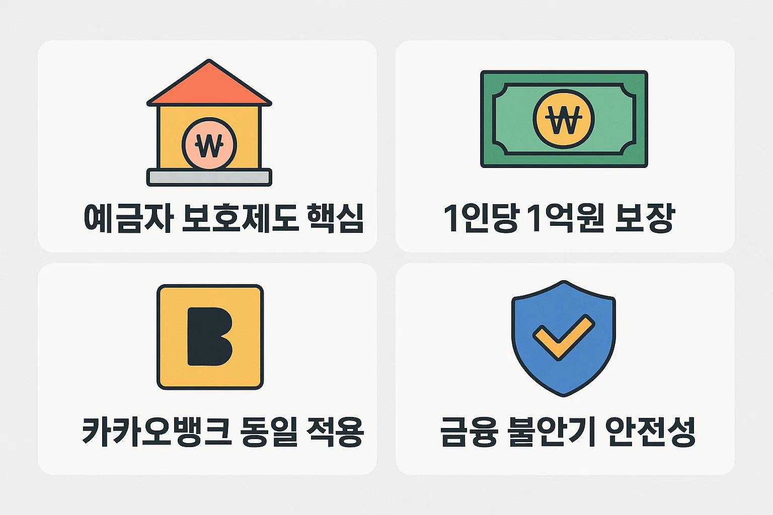 예금자 보호제도의 기본 구조와 1인당 1억원 보장 원칙, 금융 불안기 안전성 등을 시각적으로 정리한 2025년 기준 핵심 개념 인포그래픽.