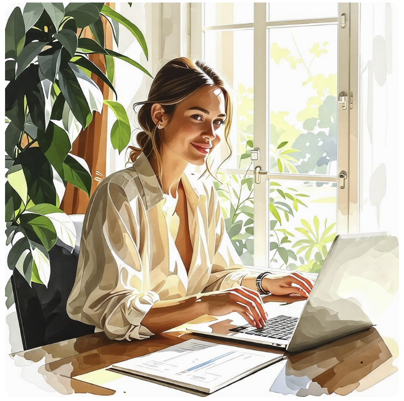 여유를 즐기며 자산을 관리하고 있는 젊은 여성의 모습이수채화로 그려져 있다